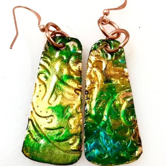 Conceptual Subculture Jewelry - Rustic Little  Green Blue Textured Solid Copper Earrings Brutalist Abstract Boho